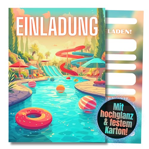 HIDEBLOOM Poolparty Einladungskarten Kindergeburtstag Mädchen und Junge I 12 Stück I DIN A6 (10,5 cm x 14,8 cm) I Einladung Schwimmbad Geburtstag I Einladungen Poolparty Kinder von HIDEBLOOM