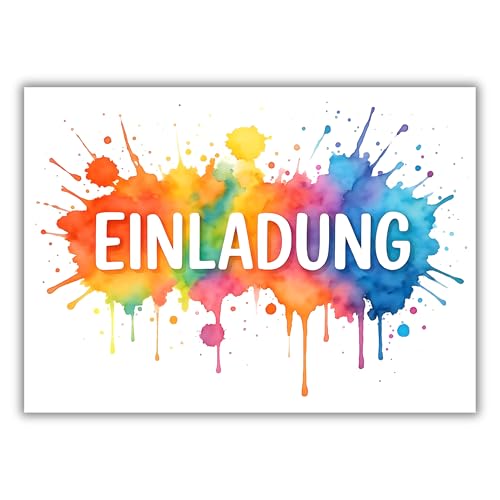HIDEBLOOM Splash Einladungskarten Kindergeburtstag Junge und Mädchen I 12 Stück I DIN A6 (10,5 cm x 14,8 cm) I Einladungskarten Farbe Malen I Geburtstags-Einladungen Farbklecks Bunt von HIDEBLOOM
