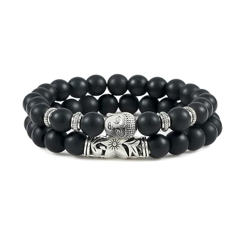 HIFFEY 2 Teile/Satz Buddha Kopf Armband for Frauen Männer Tiger Auge Lava Stein Yoga Perlen Distanz Armbänder Charme Paar Geschenk(19cm,1) von HIFFEY