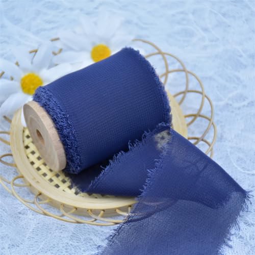 Handgefertigte Seidenchiffon-Hochzeitsbänder mit ausgefransten Kanten und Holzspule, Einladungsstrauß, Geschenkverpackung, durchsichtiges Fransenband, flach aufgelegt (Color : Stormy, Size : 4cmx5.5 von HIFFEY