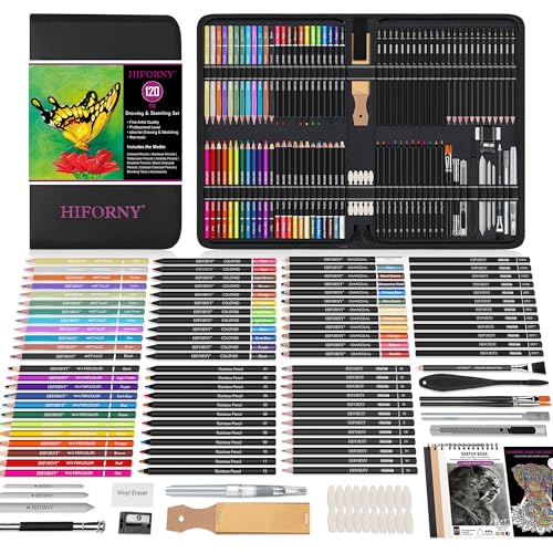 HIFORNY 120-teiliges Zeichenset, Skizzierset, Kunstzubehör mit 3-farbigen Skizzenbuch, Malbuch, Regenbogen, farbig, Aquarell, Metallic, Graphit, Schwarz und farbige Kohlestifte, Mischwerkzeuge und von HIFORNY