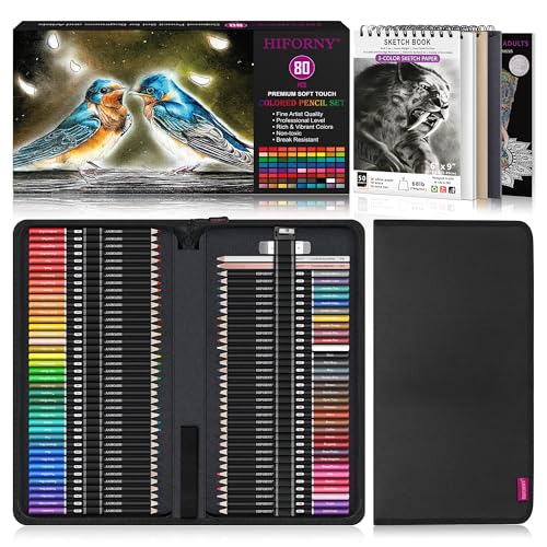 HIFORNY 80-teiliges Buntstifte-Set für Erwachsene – 72 Buntstifte mit weichem Kern mit Skizzenbuch, Malbuch, Mixer, Polierer, Radiergummi, Spitzer und Farbkarte – in Geschenkbox und von HIFORNY