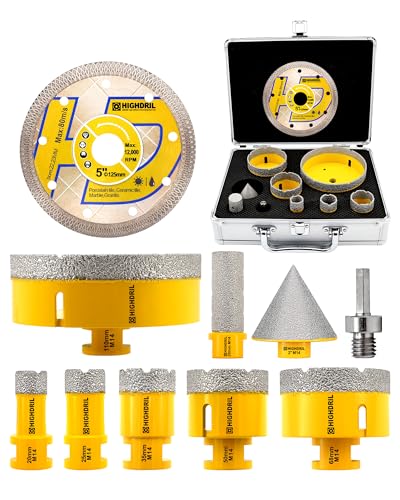HIGHDRIL Diamant Fliesenbohrer Set 10tlg. – 20/25/35/50/68/110mm Bohrer mit 50 mm Fasenbohrer, 20 mm Fingerbohrer, HEX-Adapter und trennscheibe – für Fliesen, Keramik, Porzellan, Granit und Marmor HIGHDRIL Diamant Fliesenbohrer Set 10tlg. – 20/25/35/50/68/110mm Bohrer mit 50 mm Fasenbohrer, 20 mm Fingerbohrer, HEX-Adapter und trennscheibe – für Fliesen, Keramik, Porzellan, Granit und Marmor von HIGHDRIL