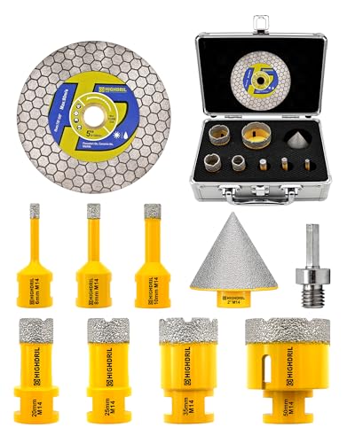 HIGHDRIL Diamant Fliesenbohrer Set 10tlg. – 6/8/10/20/25/35/50mm Bohrer mit 50 mm Fasenbohrer, HEX-Adapter und trennscheibe – für Fliesen, Keramik, Porzellan, Granit und Marmor HIGHDRIL Diamant Fliesenbohrer Set 10tlg. – 6/8/10/20/25/35/50mm Bohrer mit 50 mm Fasenbohrer, HEX-Adapter und trennscheibe – für Fliesen, Keramik, Porzellan, Granit und Marmor von HIGHDRIL