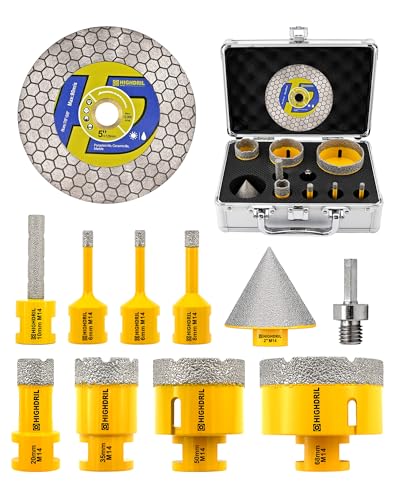 HIGHDRIL Diamant Fliesenbohrer Set 11tlg. – 6/6/8/20/35/50/68mm Bohrer mit 50 mm Fasenbohrer, 10 mm Fingerbohrer, HEX-Adapter und trennscheibe – für Fliesen, Keramik, Porzellan, Granit und Marmor HIGHDRIL Diamant Fliesenbohrer Set 11tlg. – 6/6/8/20/35/50/68mm Bohrer mit 50 mm Fasenbohrer, 10 mm Fingerbohrer, HEX-Adapter und trennscheibe – für Fliesen, Keramik, Porzellan, Granit und Marmor von HIGHDRIL