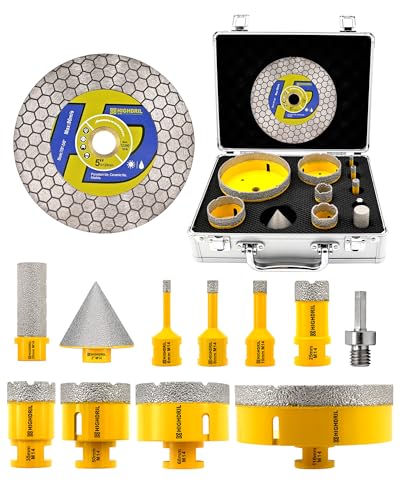 HIGHDRIL Diamant Fliesenbohrer Set 12tlg. – 6/8/10/25/35/50/68/110 mm Bohrer mit 50 mm Fasenbohrer, 20 mm Fingerbohrer, HEX-Adapter und trennscheibe – für Fliesen, Keramik, Porzellan, Granit, Marmor von HIGHDRIL
