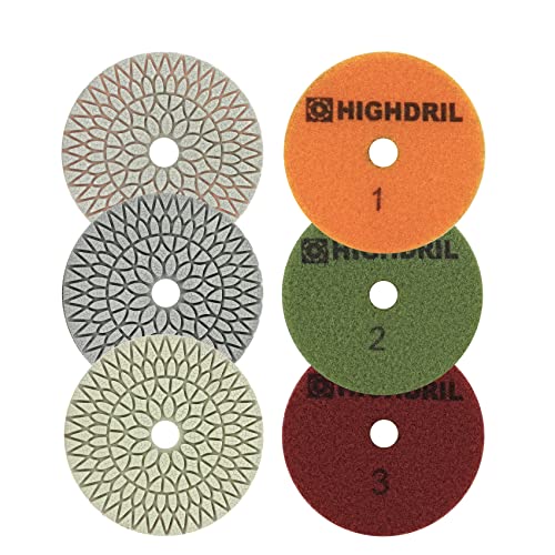 HIGHDRIL Diamant-Polierpad-Set für trockene und nasse Diamant-Polierpads, 6 Stück/2 Sets 10,2 cm 3-stufige Schleifpads (#100x2#400x2#1500x2) für Granit-Marmor-Kunststein … von HIGHDRIL