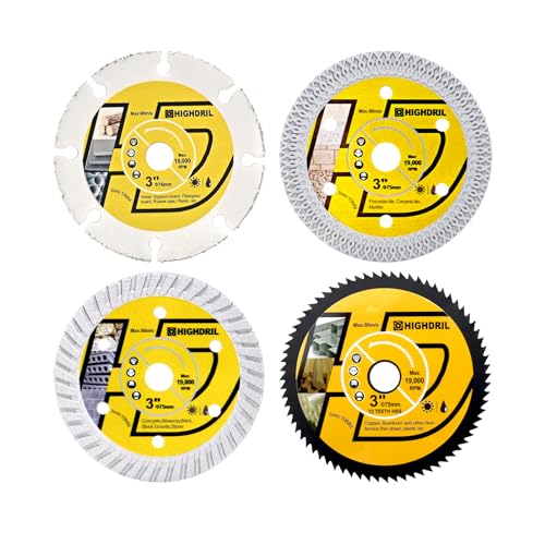 HIGHDRIL Kreissägeblatt Satz 75mm x Arbor 10mm 4 Stk - Diamant/HSS/Hartmetall Trennscheibe für Schneiden Metall Fliesen Marmor Granit Kunststoff Beton Holz HIGHDRIL Kreissägeblatt Satz 75mm x Arbor 10mm 4 Stk - Diamant/HSS/Hartmetall Trennscheibe für Schneiden Metall Fliesen Marmor Granit Kunststoff Beton Holz von HIGHDRIL