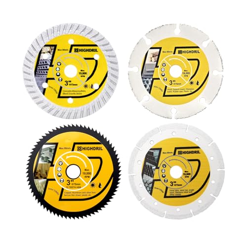 HIGHDRIL Kreissägeblatt Satz 75mm x Arbor 10mm 4 Stk - Diamant/HSS/Hartmetall Trennscheibe zum Schneiden von Beton Metall Holz Kunststoff HIGHDRIL Kreissägeblatt Satz 75mm x Arbor 10mm 4 Stk - Diamant/HSS/Hartmetall Trennscheibe zum Schneiden von Beton Metall Holz Kunststoff von HIGHDRIL