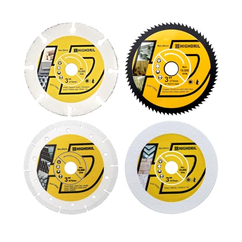 HIGHDRIL Kreissägeblatt Satz 75mm x Arbor 10mm 4 Stk - Diamant/HSS/Hartmetall Trennscheibe zum Schneiden von Metall Kupfer Aluminium Kunststoff Holz Glas HIGHDRIL Kreissägeblatt Satz 75mm x Arbor 10mm 4 Stk - Diamant/HSS/Hartmetall Trennscheibe zum Schneiden von Metall Kupfer Aluminium Kunststoff Holz Glas von HIGHDRIL