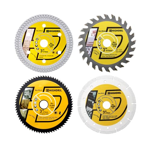 HIGHDRIL Kreissägeblatt Satz 75mm x Arbor 10mm 4 Stk - Diamant/HSS/TCT Trennscheibe für Schneiden Metall Kupfer Aluminium Fliesen Marmor Granit Kunststoff Holz HIGHDRIL Kreissägeblatt Satz 75mm x Arbor 10mm 4 Stk - Diamant/HSS/TCT Trennscheibe für Schneiden Metall Kupfer Aluminium Fliesen Marmor Granit Kunststoff Holz von HIGHDRIL