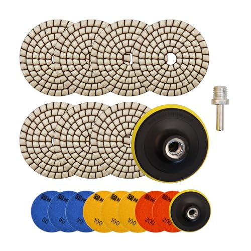 HIGHDRIL Trockene Diamant-Polierpads 10 Stück-8 Stücke Marmor Polierset Schleifpads Körnung 50*3/100*3/200*2+M14 Gewinde Stützteller+Adapter für Granit Marmor Kunststein Quarz für Winkelschleifer HIGHDRIL Trockene Diamant-Polierpads 10 Stück-8 Stücke Marmor Polierset Schleifpads Körnung 50*3/100*3/200*2+M14 Gewinde Stützteller+Adapter für Granit Marmor Kunststein Quarz für Winkelschleifer von HIGHDRIL