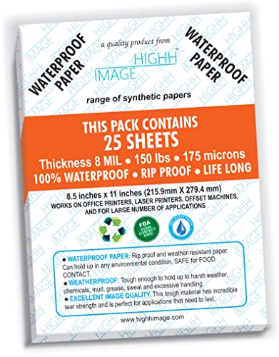 Wasserdichtes Papier, 25 Blatt, Stärke 8 MIL, 250 GSM, synthetisches Papier, A4, 210 X 297 mm von HIGHH IMAGE, Druck mit Laserdruckern, Bürodrucker von HIGHH IMAGE