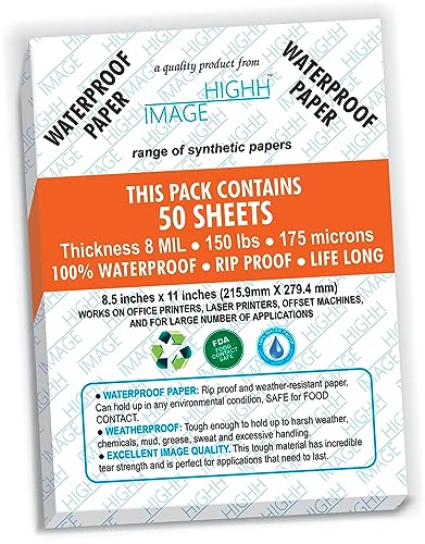 Wasserdichtes Papier, 50 Blatt, Stärke 8 MIL, 250 GSM, synthetisches Papier, 210 x 297 mm von HighH Image, Druck mit Laserdruckern, Bürodrucker von HIGHH IMAGE