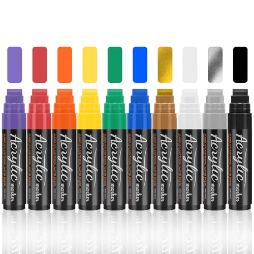 10 Farben 15mm Acrylstifte Breit, 3-in-1 Jumbo Acrylfarben Graffiti Stifte Acrylmarker für Steine Wasserfest, Permanent Marker Fein zum Bemalen Holz Glas Karton Blumentopf Körper Straßenkünstler von HIGSPE