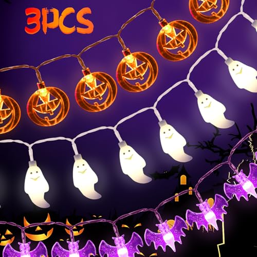 HIGSPE 3 Stück Halloween Lichterkette Outdoor, 3.15M 80 LED Wasserdicht Halloween Beleuchtung, 2 Modi Lichterkette Außen Halloween Deko Led Kürbis, Geister, Fledermaus Anhänger für Party Garten HIGSPE 3 Stück Halloween Lichterkette Outdoor, 3.15M 80 LED Wasserdicht Halloween Beleuchtung, 2 Modi Lichterkette Außen Halloween Deko Led Kürbis, Geister, Fledermaus Anhänger für Party Garten von HIGSPE