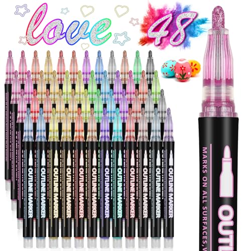 HIGSPE Glitzerstifte Magische Stifte, 48 Farben Outline Stifte Metallic Zauberstifte Kinder, Glitzer Filzstifte Füllidee, Einschulung Mädchen für Scrapbooking, Basteln, Mitgebsel 4-12 Jahre von HIGSPE