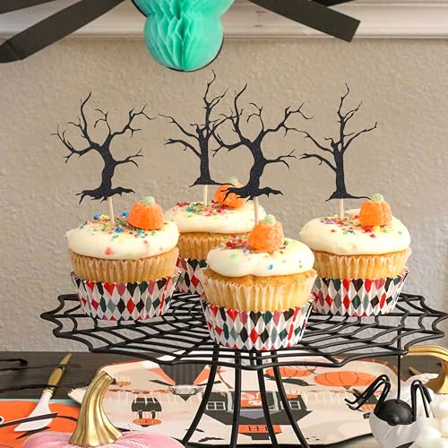 Haunted Forest Halloween Cupcake Topper - Haunted House Theme Baby Shower Party Decoration, Black Glitter Spooky Tree Cupcake Decoration, Halloween Birthday Party Supplies, Cake Smash Photo Props von HIKLO