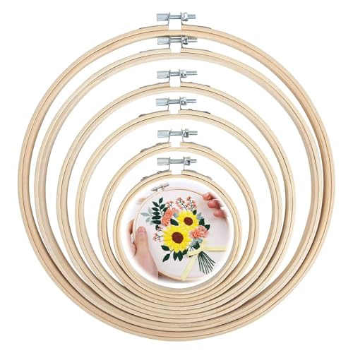 HIKPACKER Stickrahmen Set, 6 Stück Runder Stickrahmen 13cm, 15cm, 16cm, 18cm, 20cm Einstellbar Embroidery Hoop, Bambus Kreuzstich Rahmen, Holz Kreuzstich Ring für DIY Stickereien Kunsthandwerk von HIKPACKER