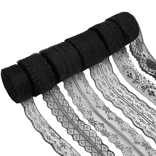 6 Rollen Spitzenband Schwarz, 2.2/2.8/4/4.5cm Schwarze Spitze,60m Spitzenstoff,Spitzenborte,Spitzenbordüre,Spitzenband Nähen,Spitzenbänder für Nähen Handwerk Hochzeit Deko Scrapbooking Geschenkbox von HIKPACKER
