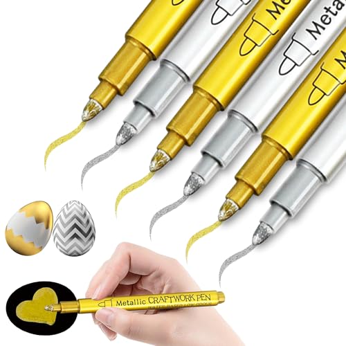 6 Stück Gold Silber Metallic Marker Stifte Set, Silberstift Goldstift Wasserfest Acrylstifte Marker Stift Fließendes Schreiben, Dünn & Fein Permanent Acrylmarkerfür Stein, Holz, Glas, Keramik, Reifen 6 Stück Gold Silber Metallic Marker Stifte Set, Silberstift Goldstift Wasserfest Acrylstifte Marker Stift Fließendes Schreiben, Dünn & Fein Permanent Acrylmarkerfür Stein, Holz, Glas, Keramik, Reifen von HIKPACKER