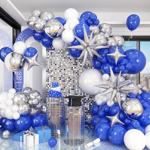 HILAVO Blau Weiß Silber Ballonbogen Kit mit Explosionsstern 4D Silber Folienballons Königsblau Metallic Silber Weiß Ballongirlande für Blau 2025 Abschluss Dekoration Geburtstag Babyparty Party HILAVO Blau Weiß Silber Ballonbogen Kit mit Explosionsstern 4D Silber Folienballons Königsblau Metallic Silber Weiß Ballongirlande für Blau 2025 Abschluss Dekoration Geburtstag Babyparty Party von HILAVO