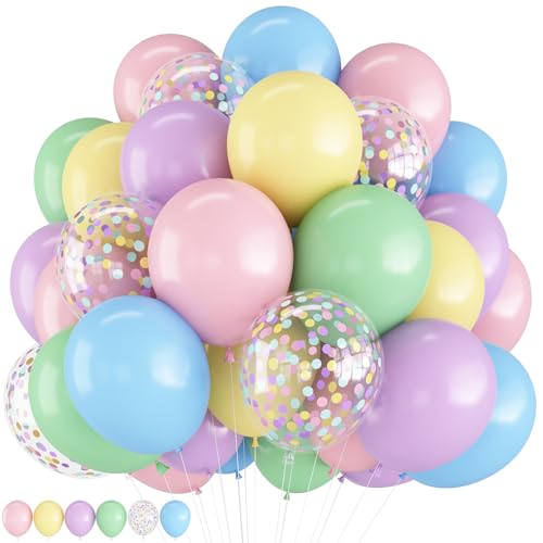 HILAVO Pastell-Luftballons, 30,5 cm, Macaron, Rosa, Blau, Grün, Lila, Gelb, Pastellfarben, Regenbogen-Latex-Ballon mit bunten Konfetti-Party-Ballons für Ostern, Geburtstag, Babyparty, Brautschmuck von HILAVO