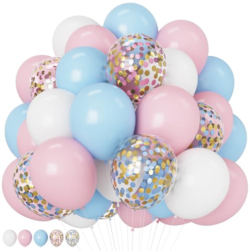 HILAVO Rosa und Blau Luftballons 12 Zoll Pastell Hellblau Rosa Weiß Party Ballon mit Konfetti Latex Ballons für Geschlecht Offenbarung Junge oder Mädchen Prinzessin Geburtstag Braut Babyparty Party von HILAVO