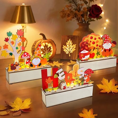 Herbst Dekoration 3pcs, Holz Herbst Dekoschriftzug, Herbstdeko Igel Deko, Tischdekoration Holz Sockel mit Igel Blätter Eichhörnchen Tisch Ornamen für Herbstgeschenke Party von HILKKET