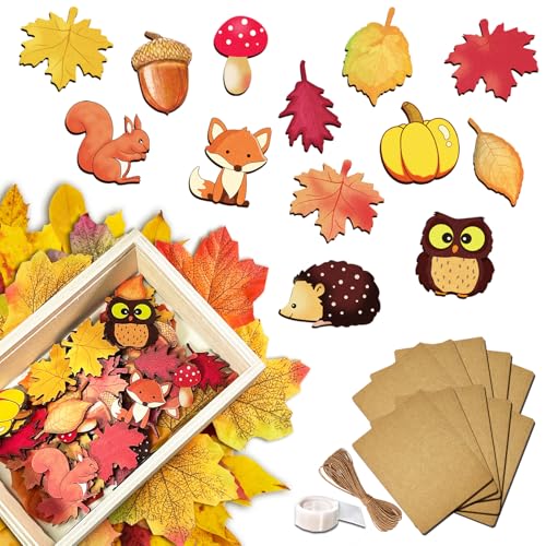 Streudeko Herbst Holz, Tischdeko Deko mit Igel, Füchse, Eichhörnchen, Eulen, Tannenzapfen, Kürbisse, Pilze, Ahornblätter, Kinder Holzscheiben Deko, 60 Szt Jesienne Artykuły Imprezowe, 4 Model von HILKKET