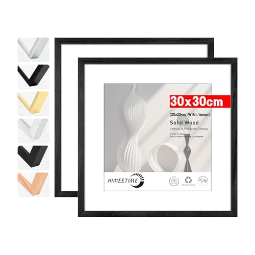 HIMEETIME® 2x Bilderrahmen,30x30 cm Schwarz Rahmen Bild mit Passepartout Display 20x20cm, Holzrahmen Holz-Bilderrahmen Echtholz | Picture Frame 30x30 Fotorahmen zum Aufhängen von HIMEETIME