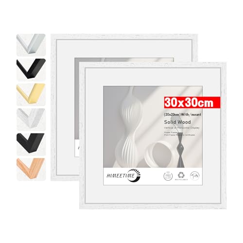 HIMEETIME® 2x Bilderrahmen,30x30 cm Weiss Rahmen Bild mit Passepartout Display 20x20cm, Holzrahmen Holz-Bilderrahmen Echtholz | Picture Frame 30x30 Fotorahmen zum Aufhängen von HIMEETIME