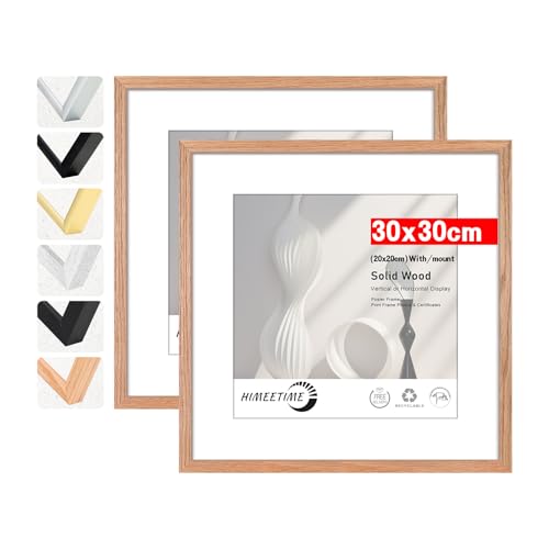 HIMEETIME® 2x Bilderrahmen 30x30 cm.aus massivem Eichenholz,Natur Eiche Holz Rahmen,Bild mit Passepartout Display 20x20cm,für Wandbehänge oder Tischdekoration von HIMEETIME