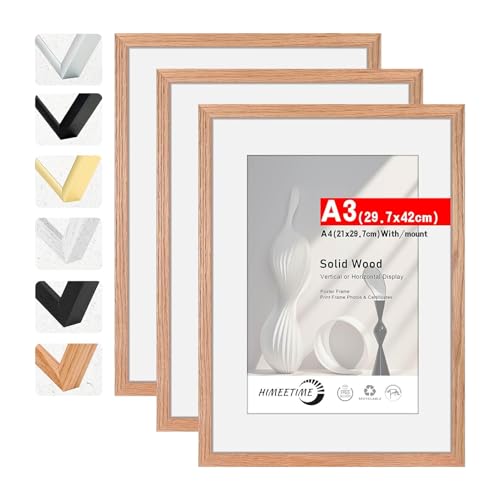 HIMEETIME® 3x Bilderrahmen DIN A3 30x42 cm,aus massivem Eichenholz,Natur Eiche Holz Rahmen,Bild mit Passepartout Display A4(21x30cm),für Wandbehänge oder Tischdekoration von HIMEETIME
