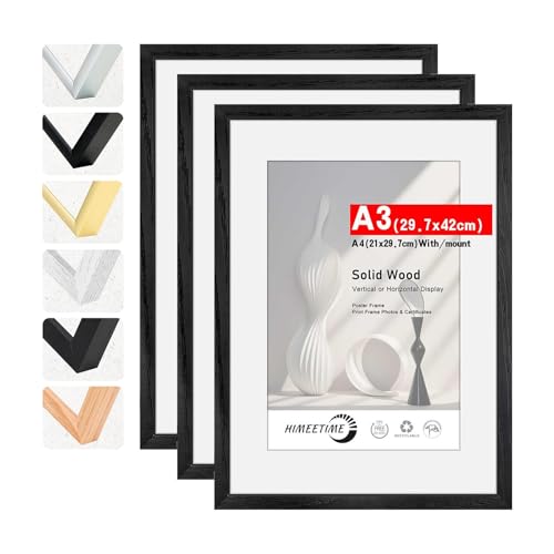 HIMEETIME® 3x Bilderrahmen DIN A3 30x42 cm Schwarz Holz Fotorahmen aus Massivholz Rahmen,Bild mit Passepartout Display A4(21x30cm),für Wandbehänge oder Tischdekoration von HIMEETIME