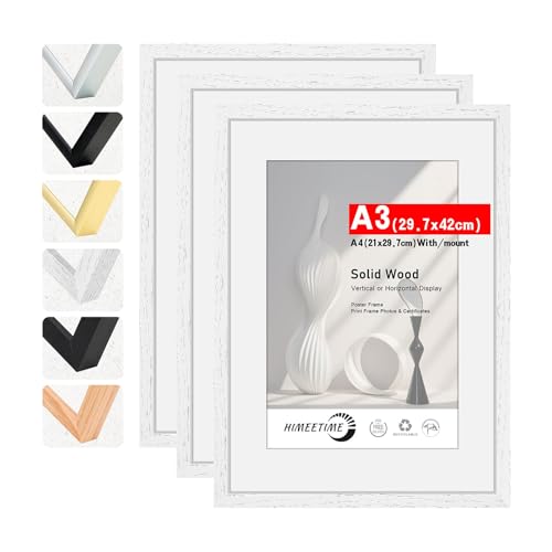 HIMEETIME® 3x Bilderrahmen DIN A3 30x42 cm Weiss Holz Fotorahmen aus Massivholz Rahmen29,7 X42 cm,Bild mit Passepartout Display A4(21x30cm),für Wandbehänge oder Tischdekoration von HIMEETIME