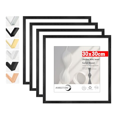 HIMEETIME® 4x Bilderrahmen,30x30 cm Schwarz Rahmen Bild mit Passepartout Display 20x20cm, Holzrahmen Holz-Bilderrahmen Echtholz | Picture Frame 30x30 Fotorahmen zum Aufhängen von HIMEETIME