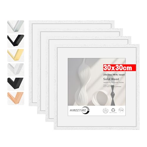 HIMEETIME® 4x Bilderrahmen,30x30 cm Weiss Rahmen Bild mit Passepartout Display 20x20cm, Holzrahmen Holz-Bilderrahmen Echtholz | Picture Frame 30x30 Fotorahmen zum Aufhängen von HIMEETIME