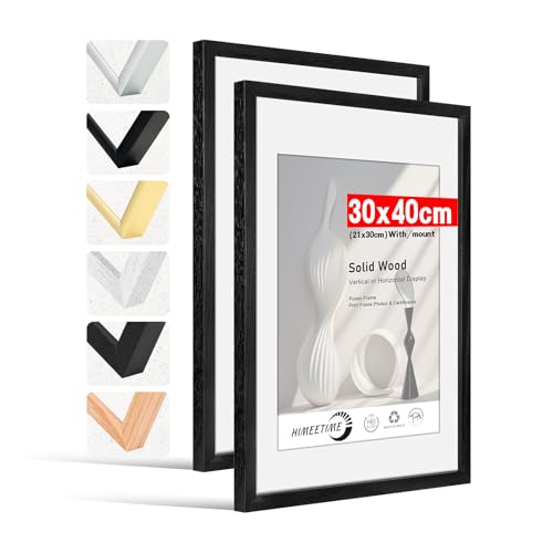 HIMEETIME® 2x Bilderrahmen,30x40 cm Schwarz Rahmen Bild mit Passepartout Display a4 (21x30cm), Holzrahmen Holz-Bilderrahmen Echtholz | Picture Frame 30x40 Fotorahmen zum Aufhängen von HIMEETIME