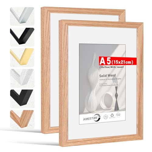 HIMEETIME® 2x Bilderrahmen DIN A5 15x21 cm,aus massivem Eichenholz,Natur Eiche Holz Rahmen Display 10x15cm Bild mit Passepartout | für Wandbehänge oder Tischdekoration von HIMEETIME
