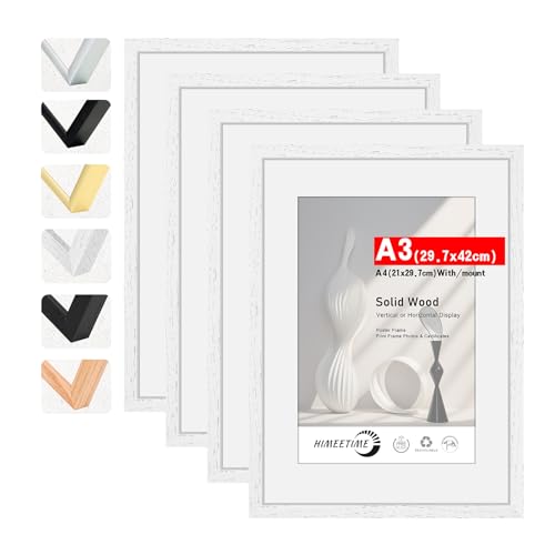 HIMEETIME® 4x Bilderrahmen DIN A3 30x42 cm Weiss Holz Fotorahmen aus Massivholz Rahmen29,7 X42 cm,Bild mit Passepartout Display A4(21x30cm),für Wandbehänge oder Tischdekoration von HIMEETIME