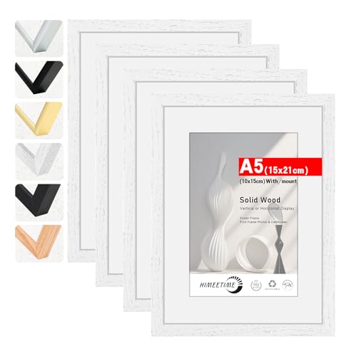 HIMEETIME® 4x Bilderrahmen DIN A5 14,8x21 cm Weiss Holz Fotorahmen aus Massivholz,Rahmen,Bild mit Passepartout Display 10x15cm,für Wandbehänge oder Tischdekoration von HIMEETIME
