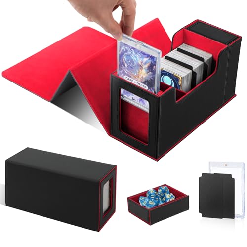 HIMOMO MTG Deck Box, Commander Deck Box für 400+Karten, PU-Leder Magnetverschluss Trading Card Box, kompatibel mit MTG Yugioh PKM, mit 2 Kartonteiler, Würfelbox, 1 Magnetic Card (Schwarz und Rot) von HIMOMO