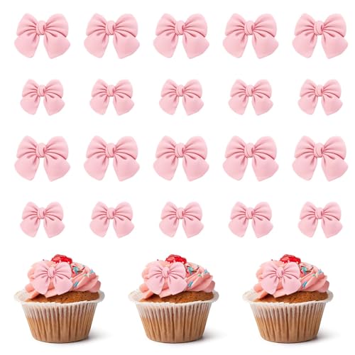 20 Stück Cupcake-Dekorationen mit rosa Schleife, Kuchenaufsatz-Zubehör mit Schleife, Cupcake-Aufsätze mit rosa Schleife, Kuchendekor-Schleifen zum Kuchendekorieren für Themenpartys, Verlobungen von HINGTAI