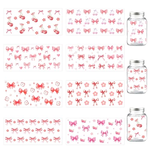 8 süße kirschrosa Tassenverpackungen mit Schleife, Dekorationszubehör für Tassen, exquisite Schleifenaufkleber für Wasserflaschen, Pink Bow Transfer Aufkleber von HINGTAI