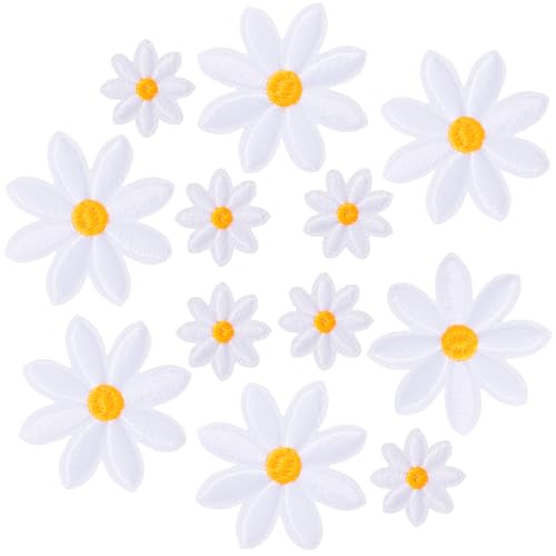HINZIC 12 Stück Blumen zum Aufbügeln, weiße Gänseblümchen, bestickte Applikationen, 2 Größen, niedliche Aufnäher zum Aufnähen für Jacken, Jeans, Taschen, Kleidung von HINZIC
