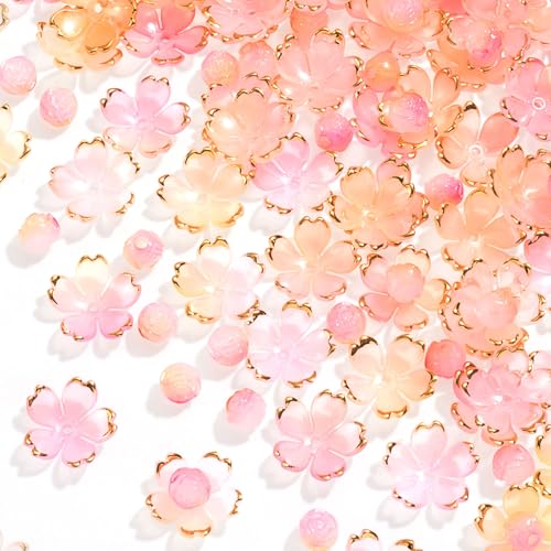 HINZIC 200 Stück rosa Farbverlaufs-Blumen-Perlen, Mini-Kirschblüten-Acrylperlen mit rundem Kugelanhänger, vergoldeter Abstandshalter, Valentinstag, Hochzeit, Dekoration für Armbänder, Halsketten HINZIC 200 Stück rosa Farbverlaufs-Blumen-Perlen, Mini-Kirschblüten-Acrylperlen mit rundem Kugelanhänger, vergoldeter Abstandshalter, Valentinstag, Hochzeit, Dekoration für Armbänder, Halsketten von HINZIC