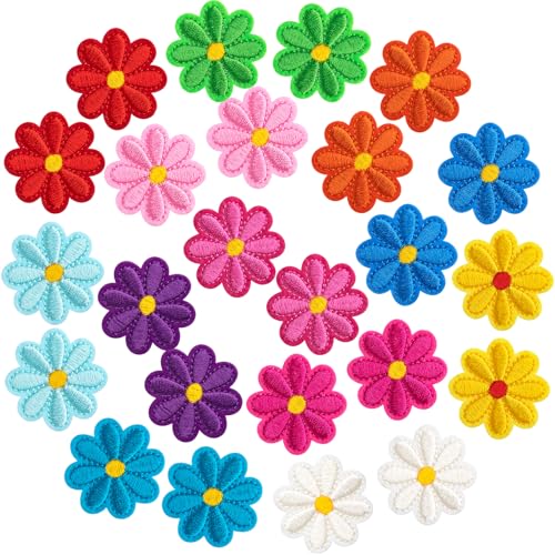 HINZIC 24 Stück Blumen-Aufnäher zum Aufbügeln, 12 Farben, Gänseblümchen, bestickte Applikationen, 4 cm, niedliche Aufnäher zum Aufnähen für Jacken, Jeans, Taschen, Kleidung von HINZIC