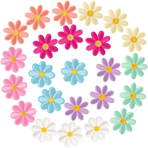 HINZIC 24 Stück Blumen-Aufnäher zum Aufbügeln, 8 Farben, Gänseblümchen, bestickte Applikationen, 4 cm, niedliche Aufnäher zum Aufnähen für Jacken, Jeans, Taschen, Kleidung von HINZIC