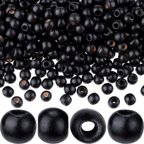 HINZIC 300 Stück schwarze Holzperlen, 9 x 10 mm großes Loch, Makramee-Perlen, natürliche Holz-Haarperlen, runde lose Abstandshalter für handgefertigte Armbänder, Halsketten von HINZIC